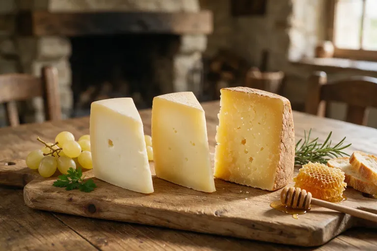 Three wedges of sheep's milk cheese of different ages side by side on a wooden board