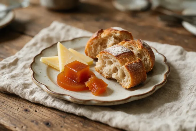 Thin triangles of cheese with dark orange quince paste and bread on a small plate