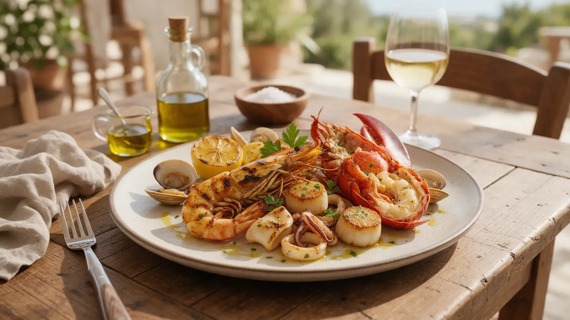 A plate of grilled seafood with lemon and olive oil on a wooden table
