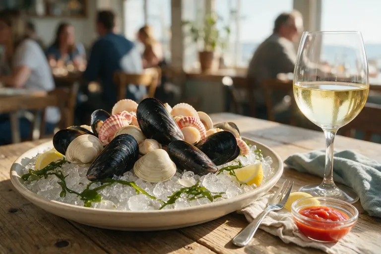 Fresh shellfish on ice beside a glass of white wine