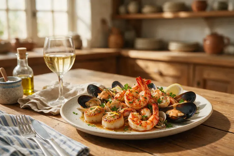 A small glass of white wine next to a plate of seafood tapas