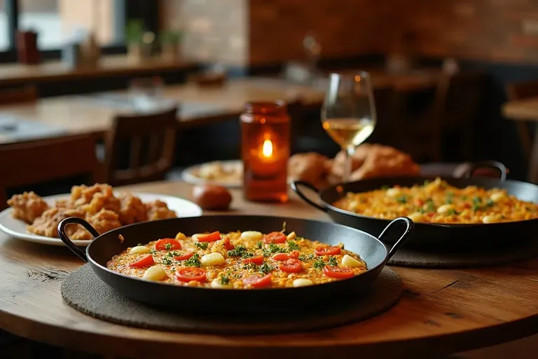 A table of tapas and a pan of paella in a small, warm restaurant