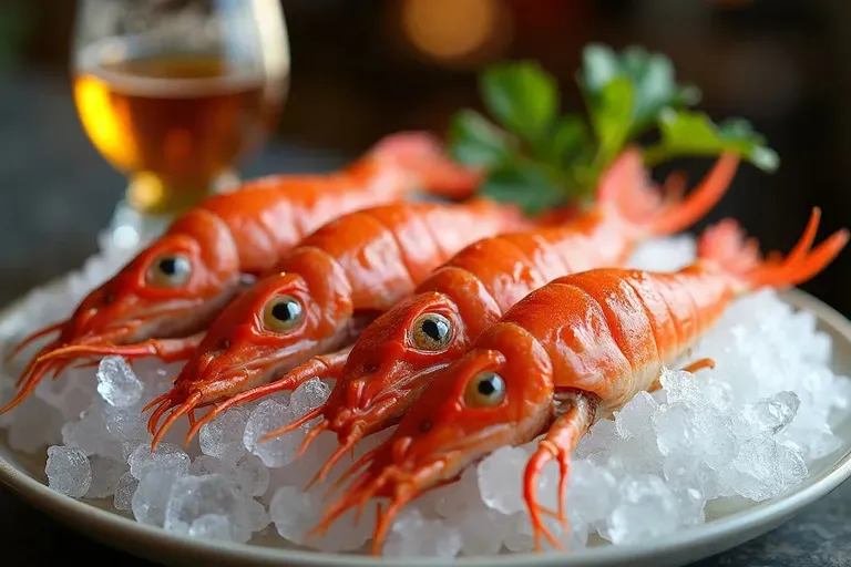 Fresh seafood displayed on crushed ice on a bar counter, next to a glass of chilled sherry