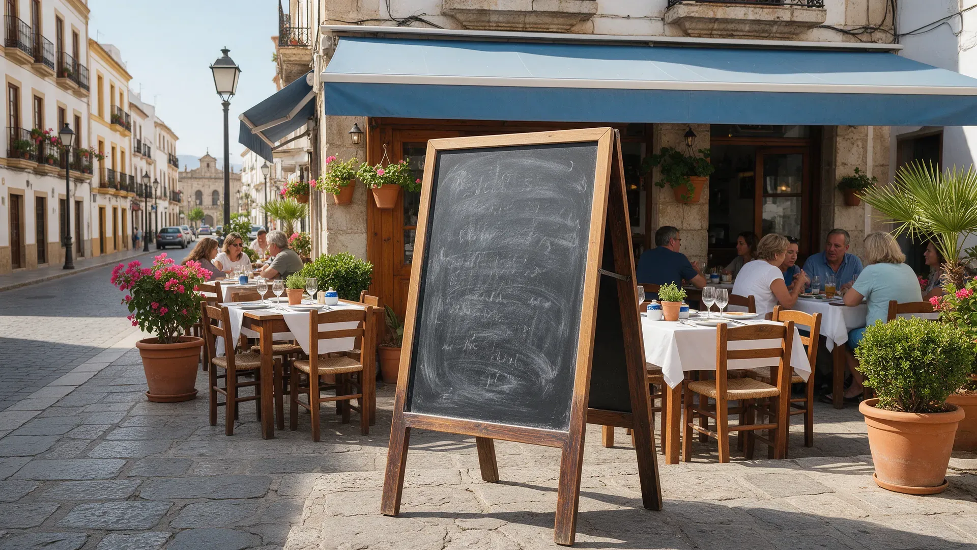 A chalkboard menu outside a Spanish restaurant
