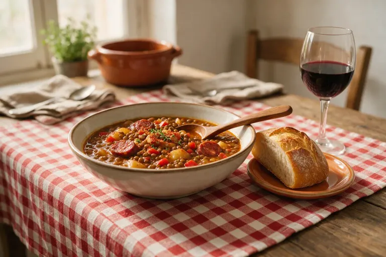 Lentil stew with bread and red wine