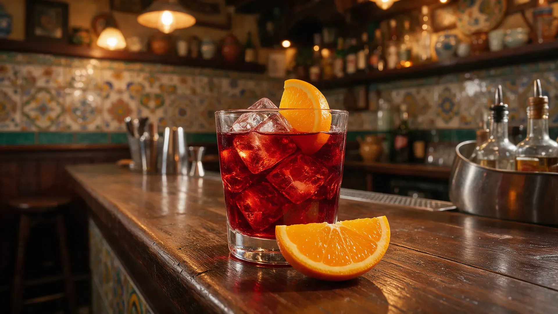 Vermouth on ice in a tiled cantina