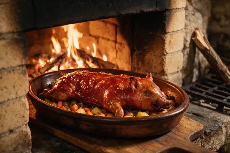 Roast meat from a wood-fired oven