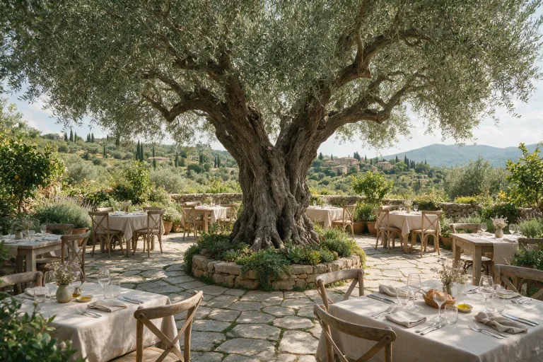 A garden terrace with an old olive tree