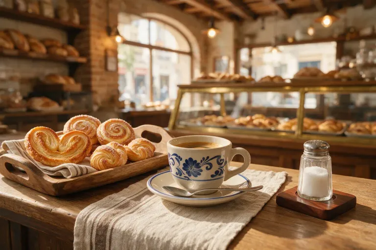 Spanish pastries and a cup of coffee on a bakery counter in morning light