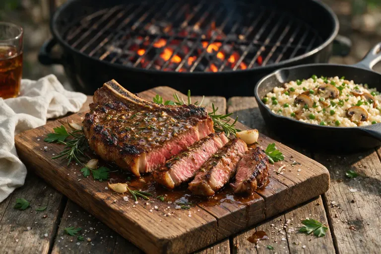A thick grilled beef chop sliced on a wooden board beside a pan of rice, with a charcoal grill glowing behind