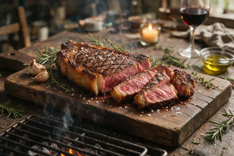 A grilled aged steak sliced on a board