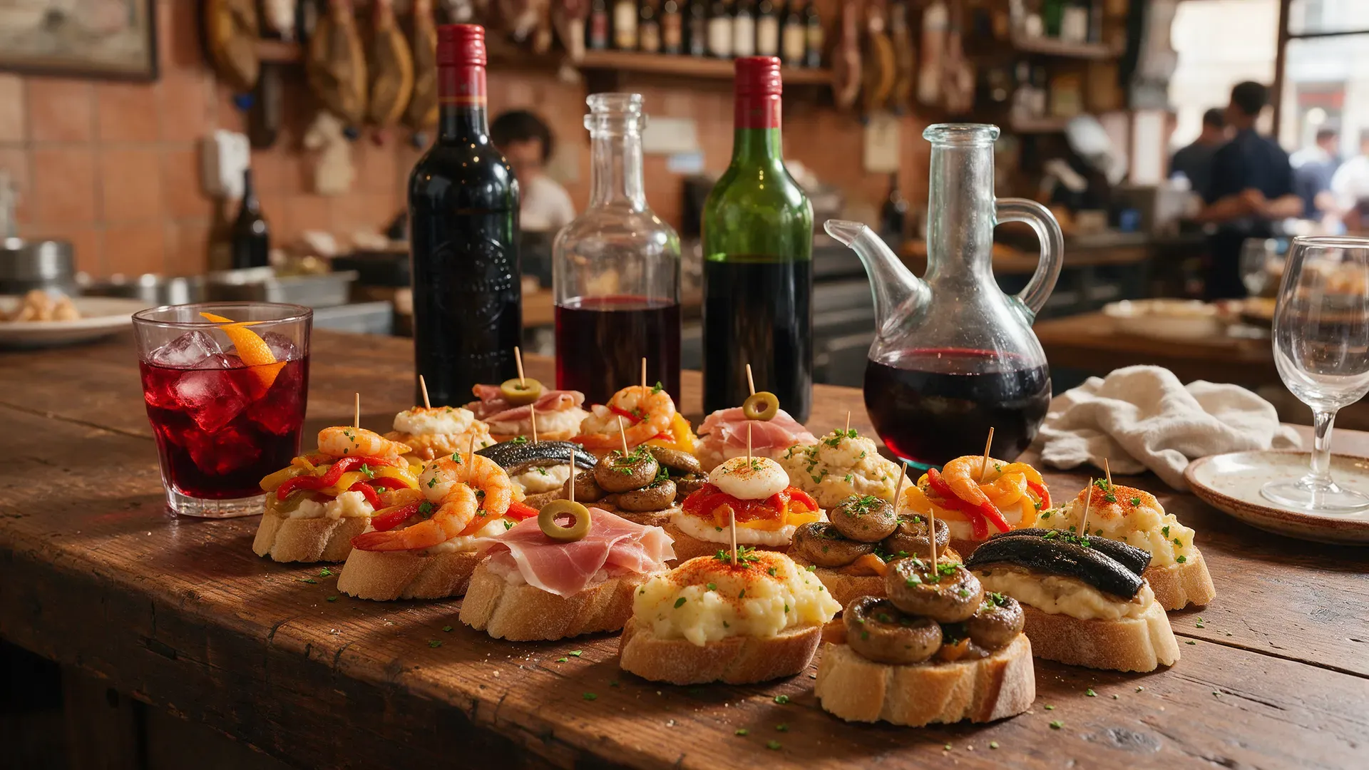 A bar counter lined with Basque pintxos on slices of bread held by cocktail sticks, vermouth bottles and a glass porron behind