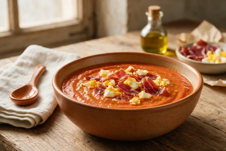 A bowl of chilled thick tomato salmorejo topped with chopped boiled egg and cured ham, drizzled with olive oil