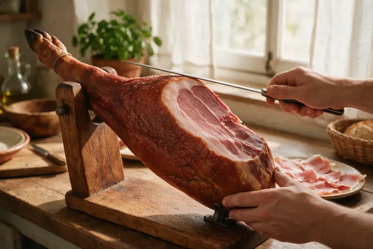 A whole cured ham leg clamped on a wooden stand with a long thin knife and a plate of sliced ham