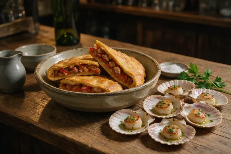 Scallop shells and a bowl of sliced Galician empanada on a wooden bar counter