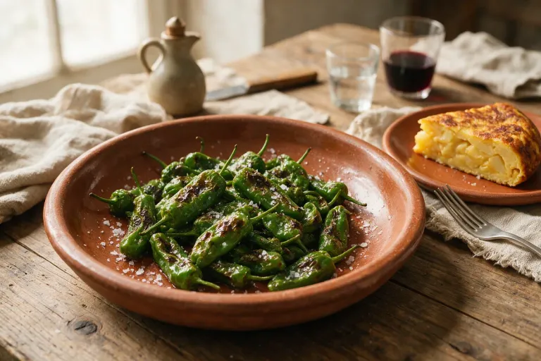 Blistered Padrón peppers in a clay dish next to a slice of Spanish omelette