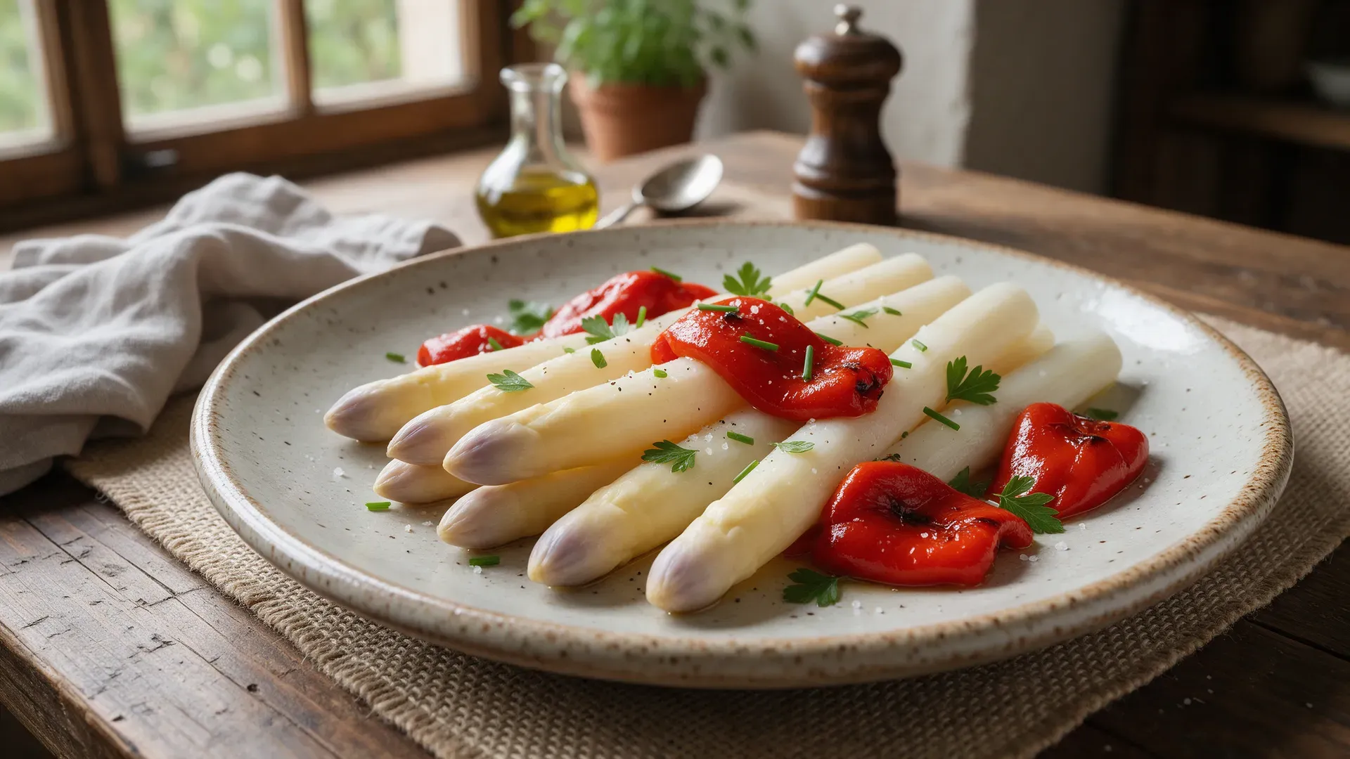 White asparagus spears and red roasted peppers on a rustic plate