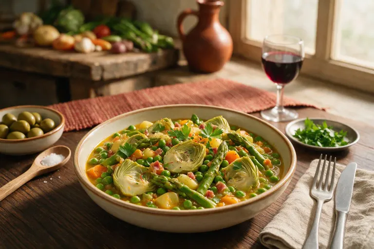 A bowl of spring vegetable stew with artichokes, peas and asparagus