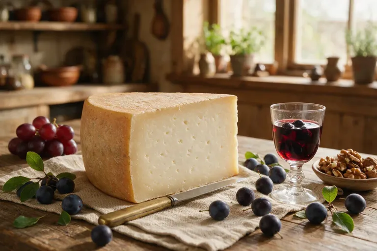 A wedge of hard sheep's milk cheese next to a small glass of dark red liqueur