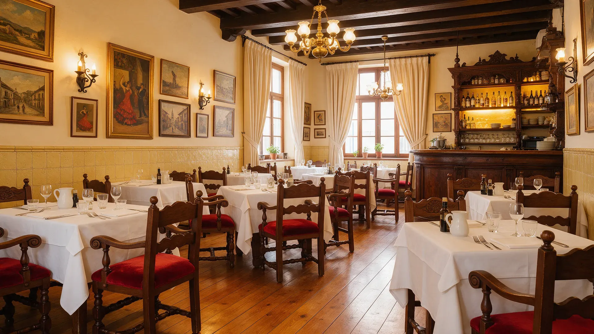 A classic Spanish dining room with white tablecloths