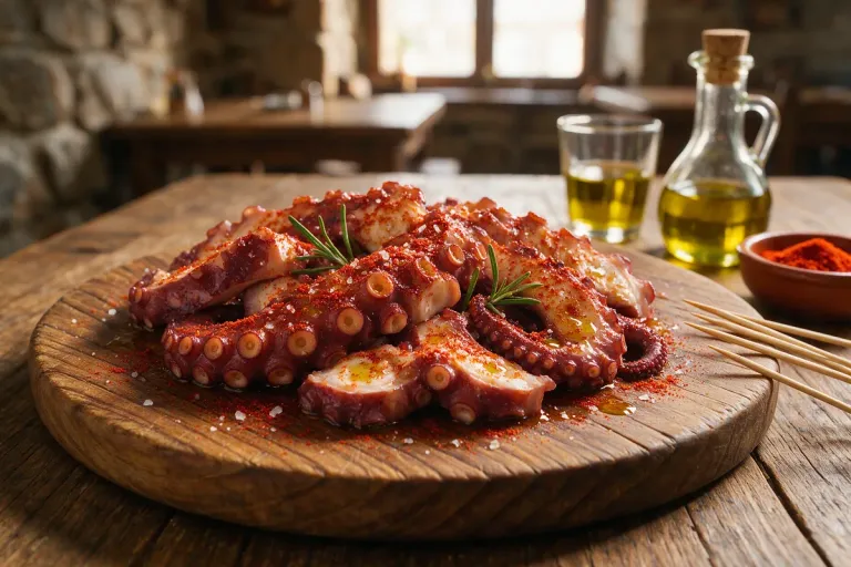 Octopus sliced on a wooden board