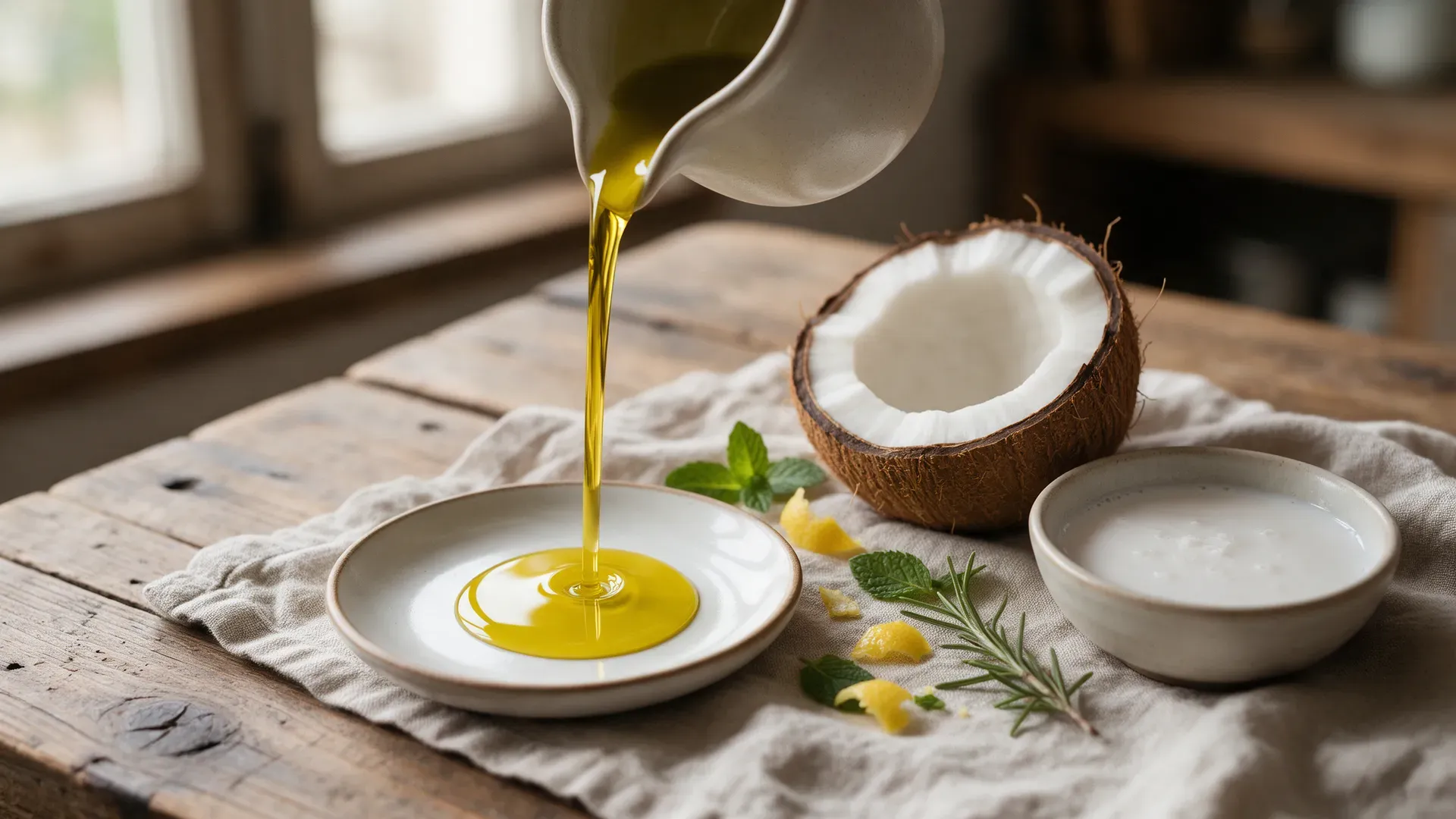 Olive oil being poured into a small dish next to a halved coconut and a bowl of coconut milk on a wooden table