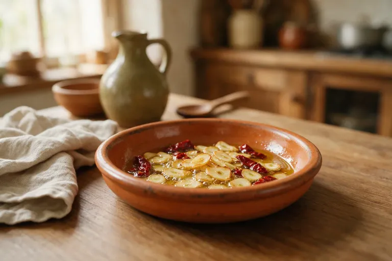 Sliced garlic and a dried chilli gently frying in olive oil in a small terracotta dish