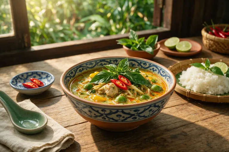 A bowl of green curry with coconut milk, fresh basil leaves and chillies on a wooden table