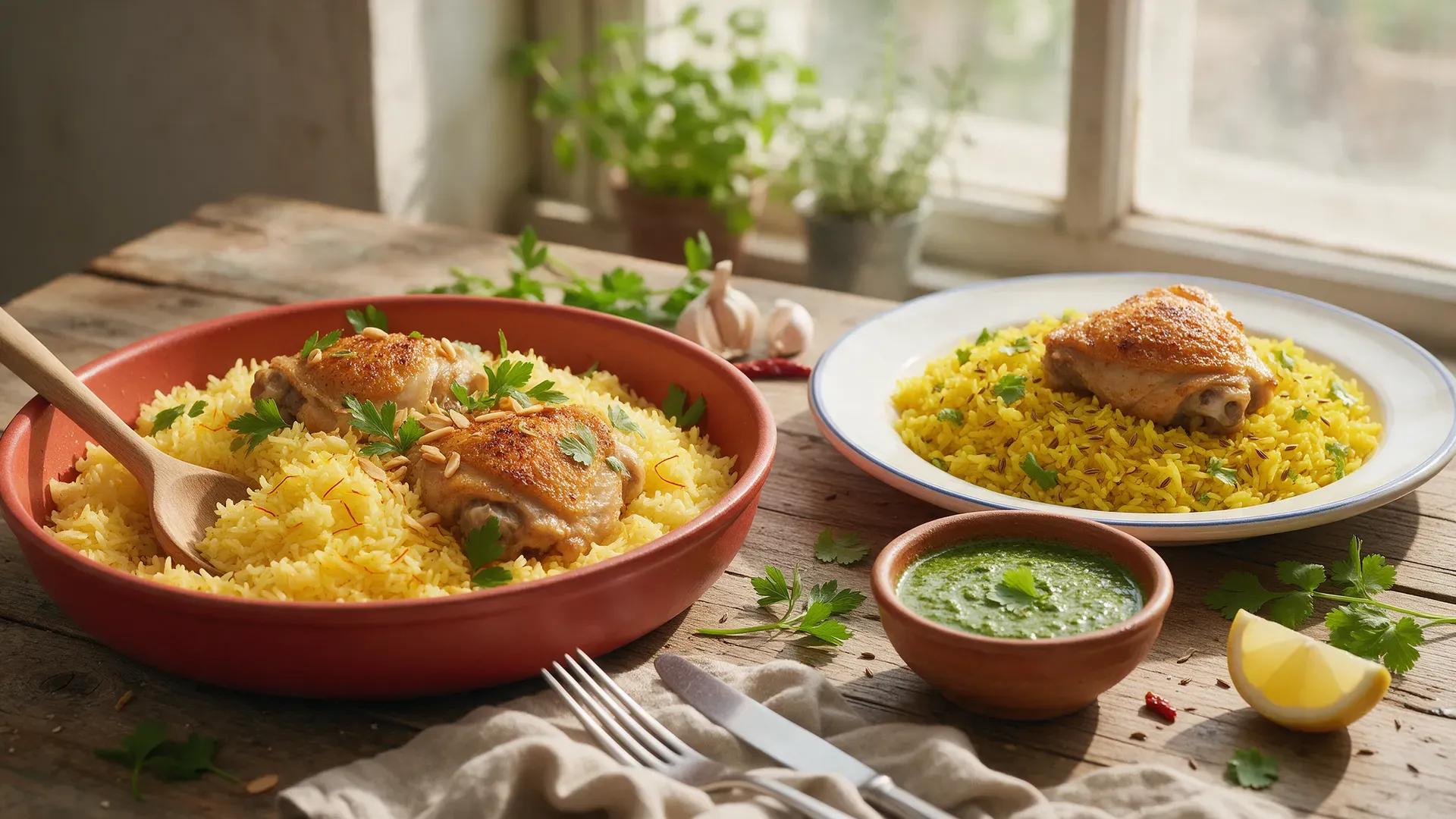 A shallow pan of golden saffron rice with chicken next to a plate of turmeric-yellow rice with chicken and a small bowl of green sauce