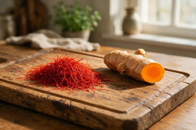 Red saffron threads and a piece of fresh turmeric root side by side on a wooden board