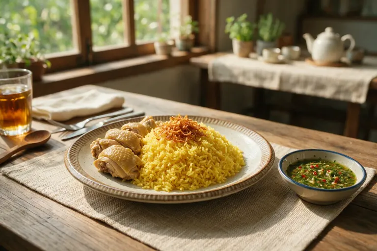A plate of yellow rice with chicken, crisp fried shallots and a small bowl of green dipping sauce