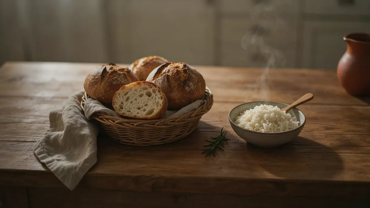 A basket of crusty bread beside a bowl of steamed white rice on a table