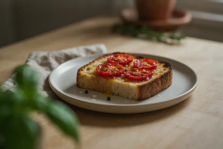 A slice of toasted bread topped with tomato and olive oil on a plate