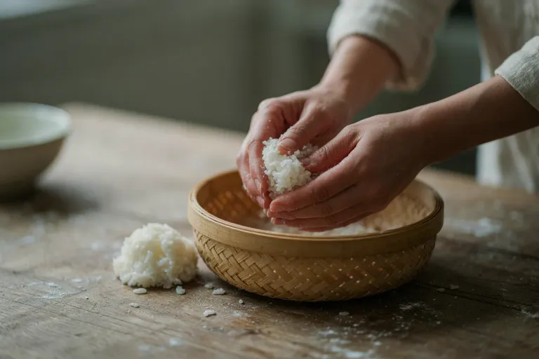Hands pressing sticky rice into a small ball over a woven basket