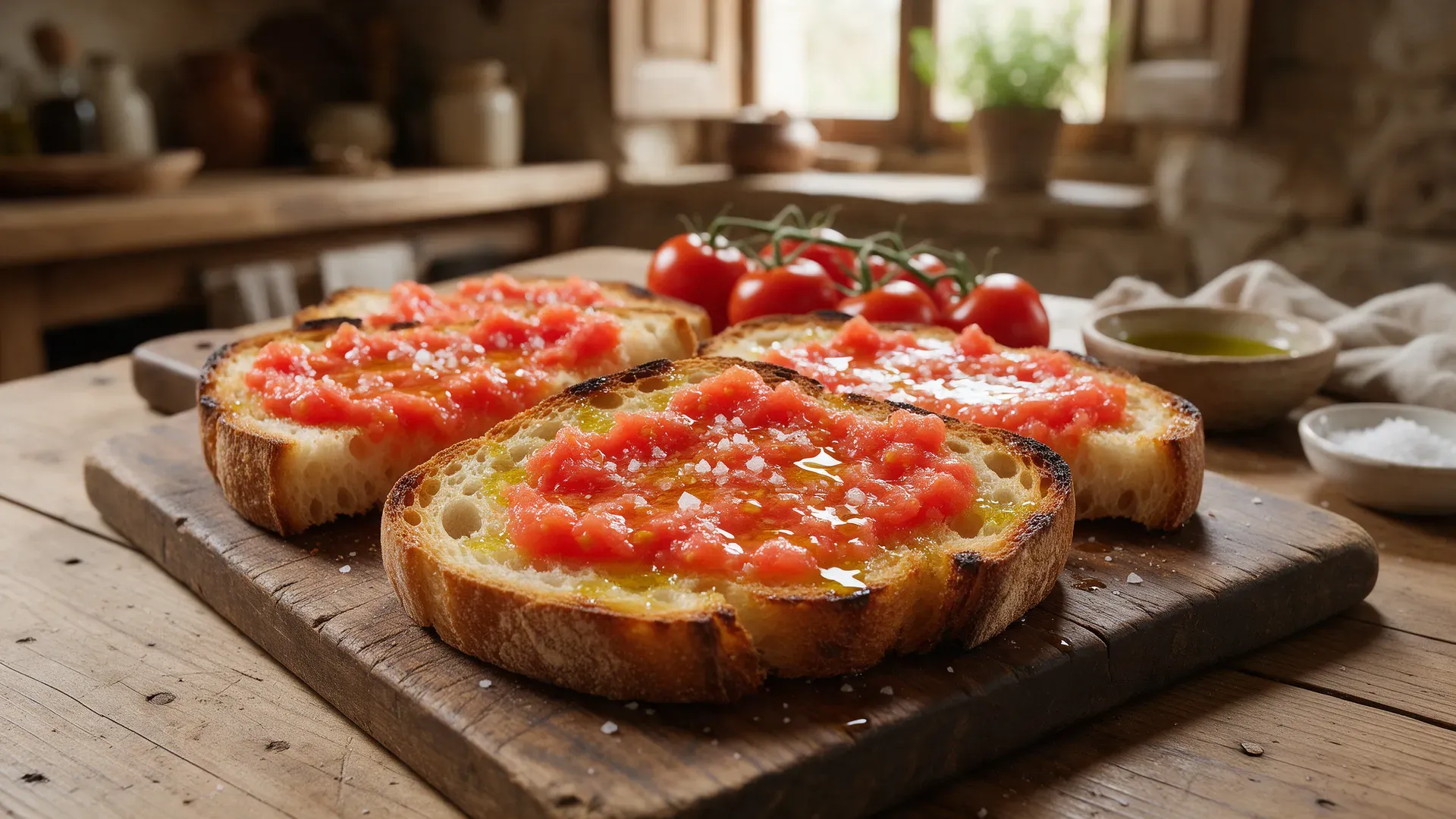 Slices of toasted country bread rubbed with red tomato and drizzled with olive oil on a wooden board