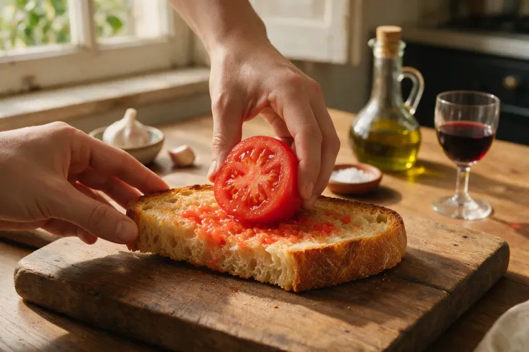 Hands rubbing half a ripe tomato onto a slice of toasted bread over a wooden board