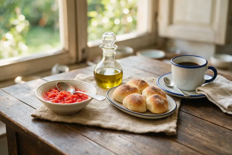 A small bowl of grated tomato, a jug of olive oil and toasted bread rolls on a breakfast table