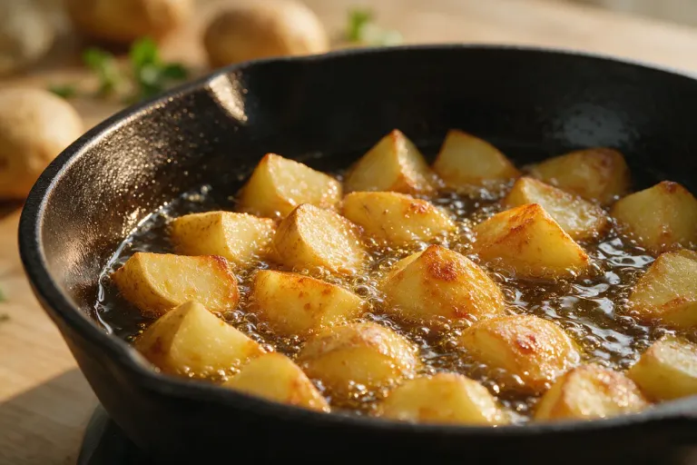 Chunks of potato frying in oil in a deep pan