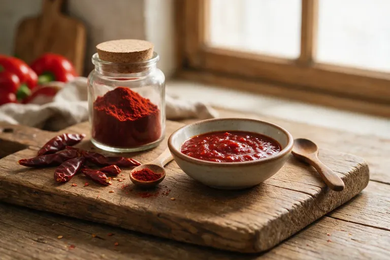 A small bowl of red paprika sauce beside a jar of paprika powder and dried red peppers on a wooden board
