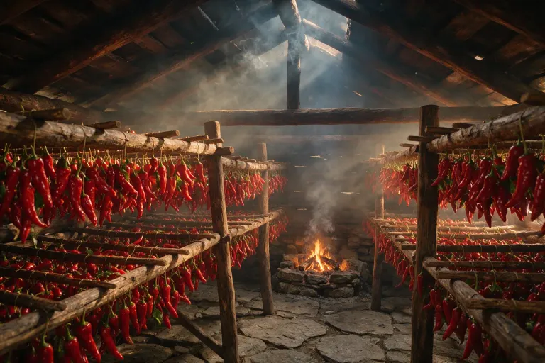Red peppers smoking over oak