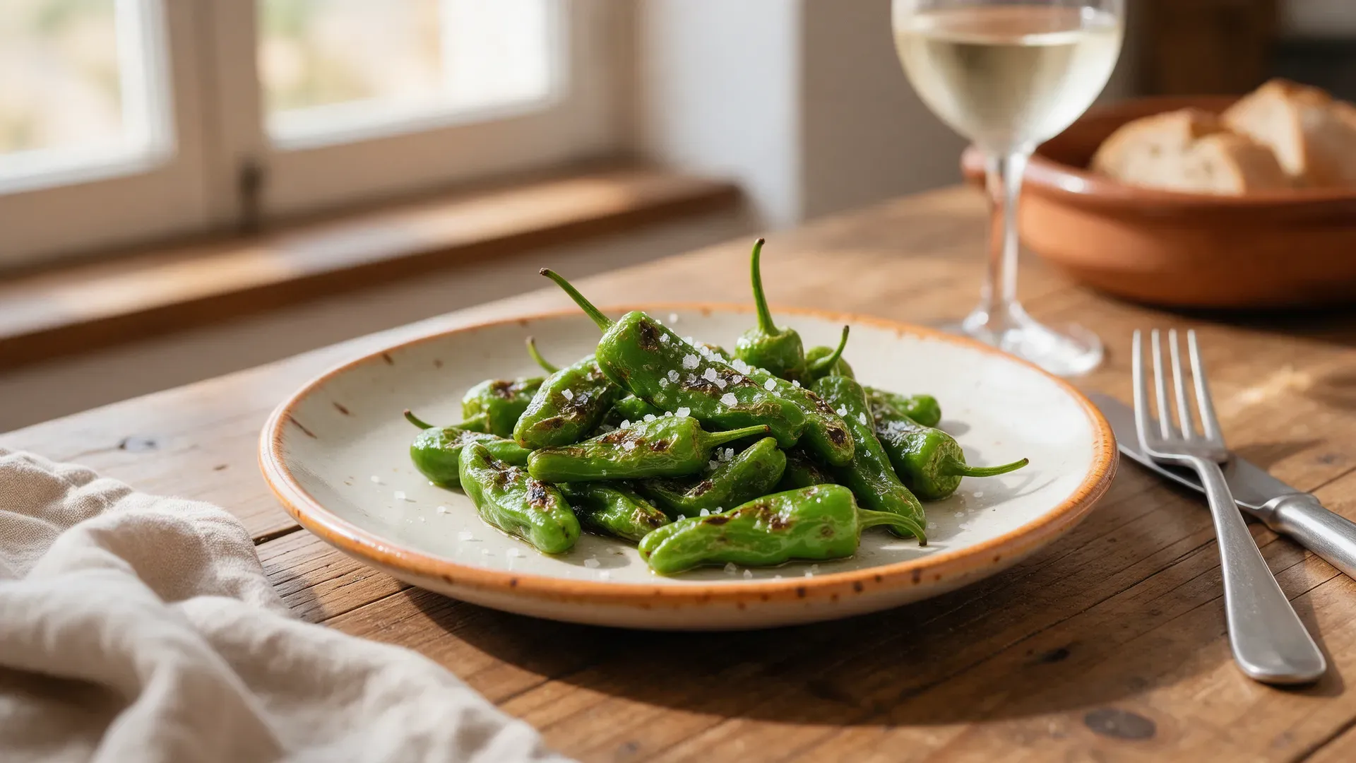 A small plate of blistered green Padrón peppers sprinkled with coarse sea salt
