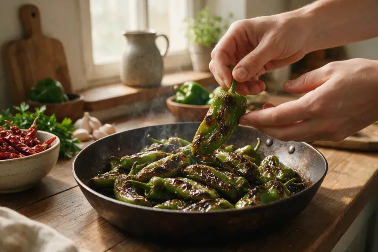 Hands holding a blistered green pepper by its stem over a plate of fried peppers