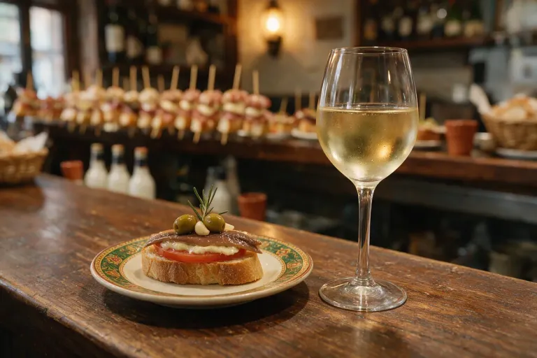 A plate of tapas with a glass of txakoli