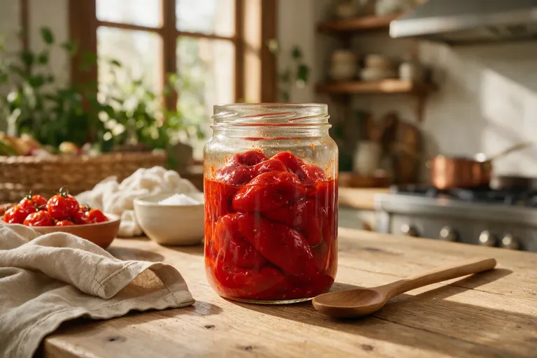 Illustration: whole roasted red peppers in an open glass jar