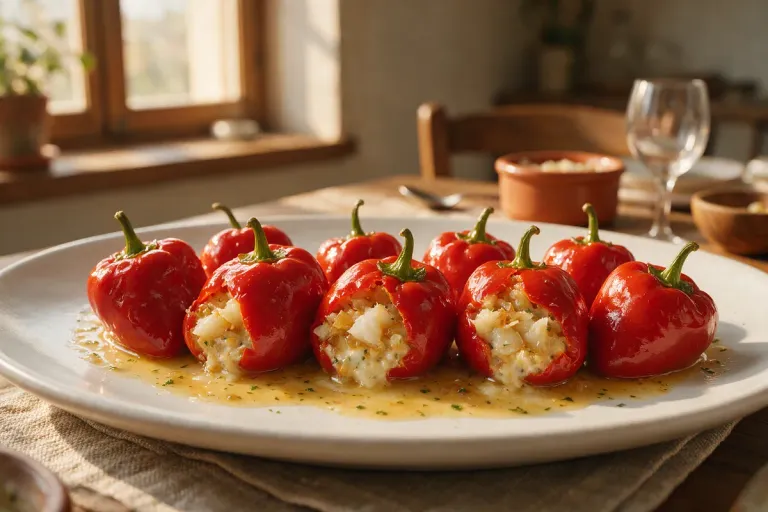 Illustration: stuffed red peppers in a light sauce on a white plate