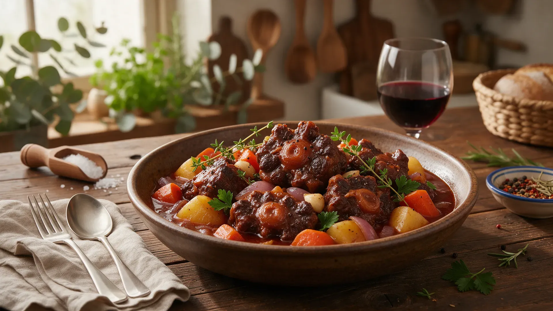 A bowl of dark braised oxtail in red wine sauce