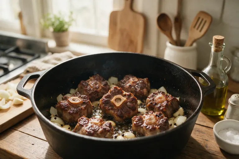 Pieces of oxtail browning in a heavy pot