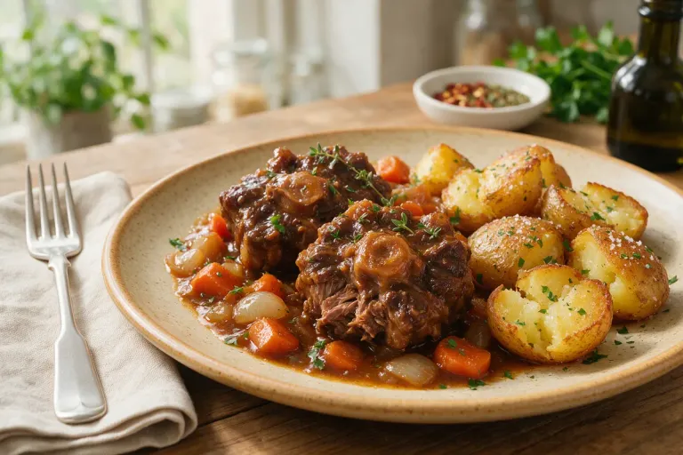 Braised oxtail served with fried potatoes on a plate