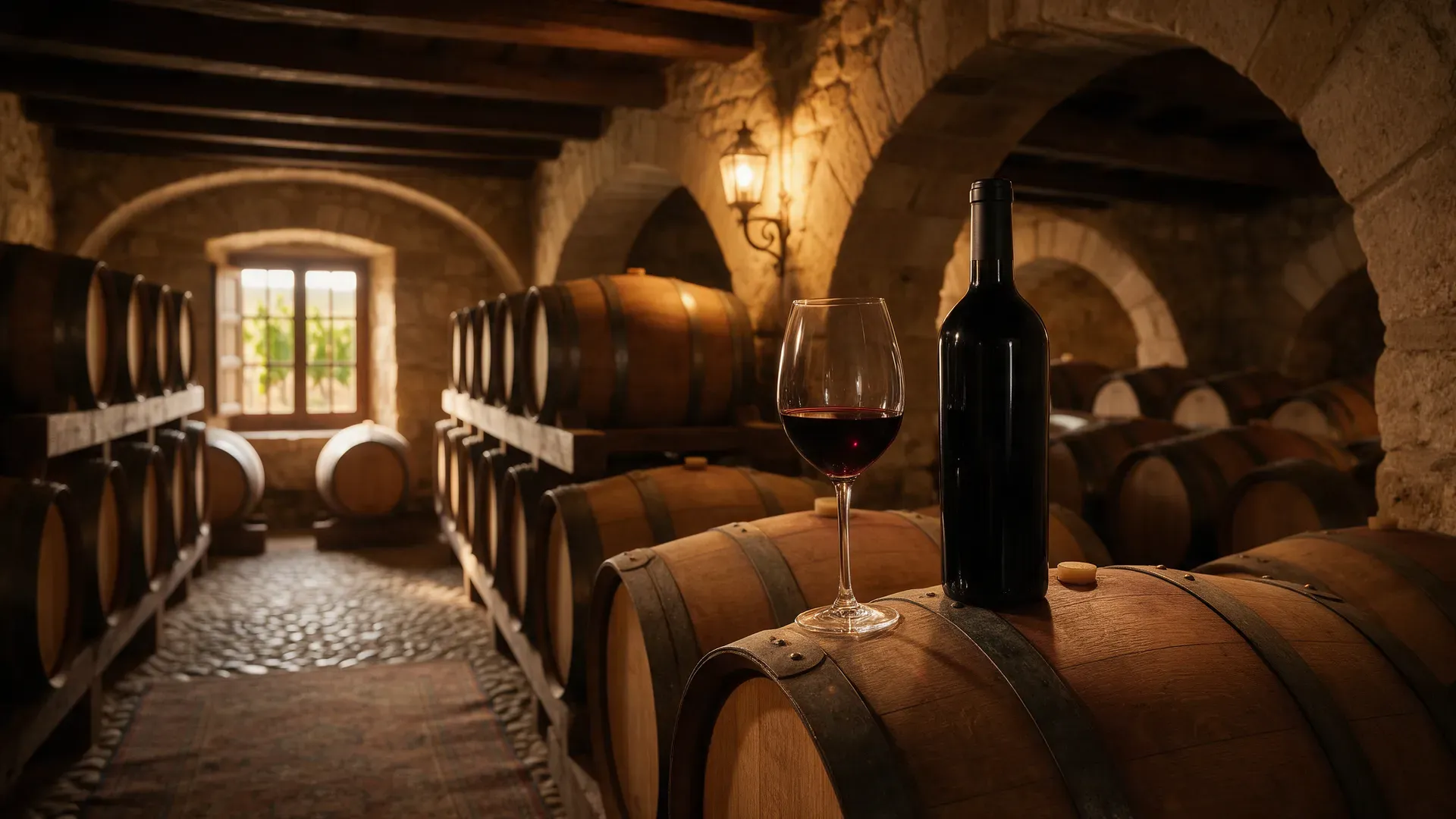 Illustration: a glass of red wine beside a bottle in a cellar with oak barrels