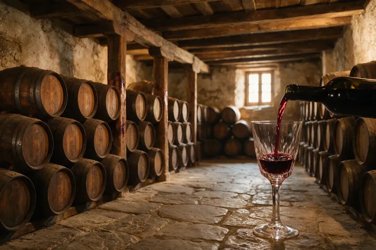 Illustration: oak barrels stacked in a wine cellar